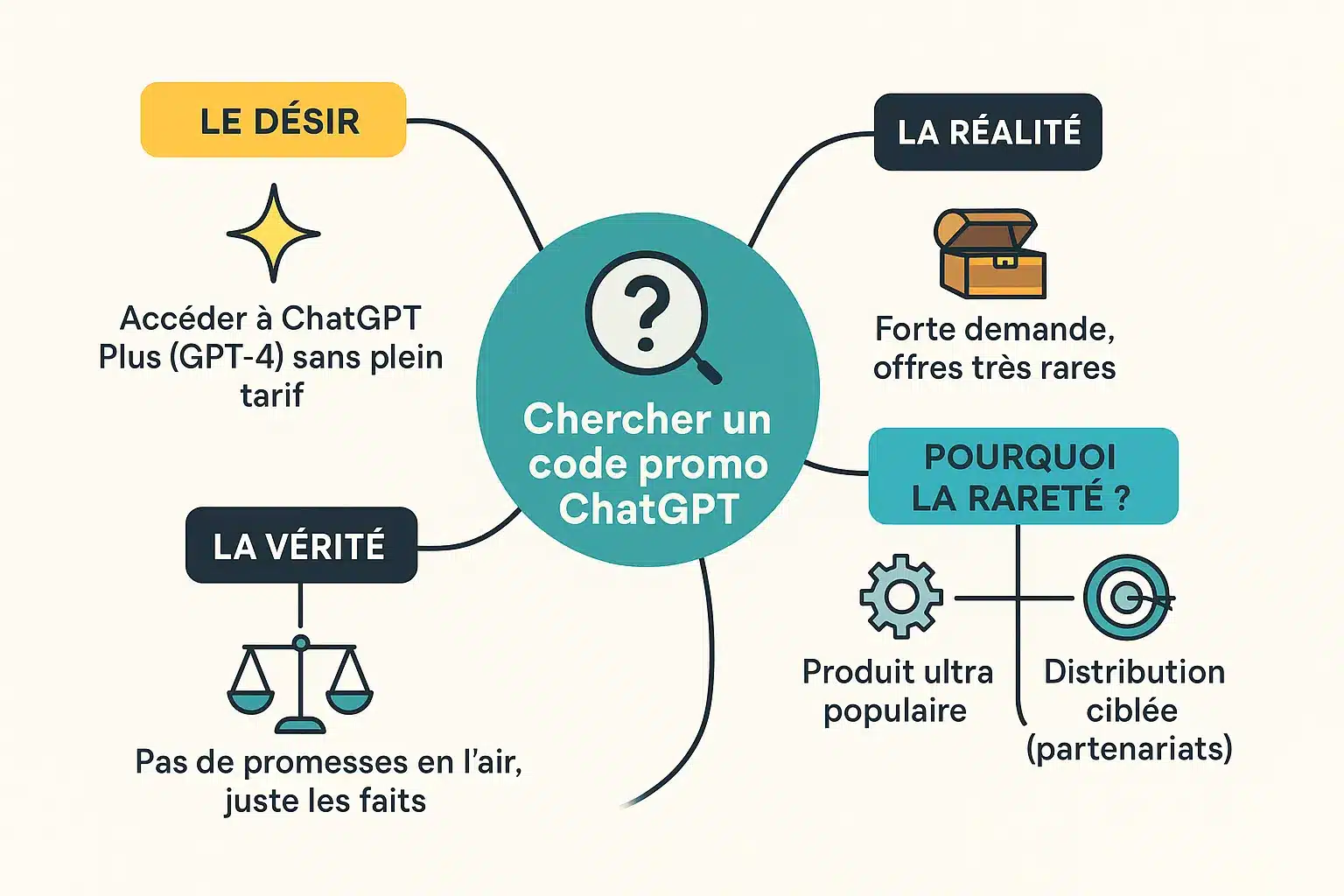Illustrazione che mostra una lente di ingrandimento alla ricerca di un codice promozionale ChatGPT tra i simboli di percentuale.