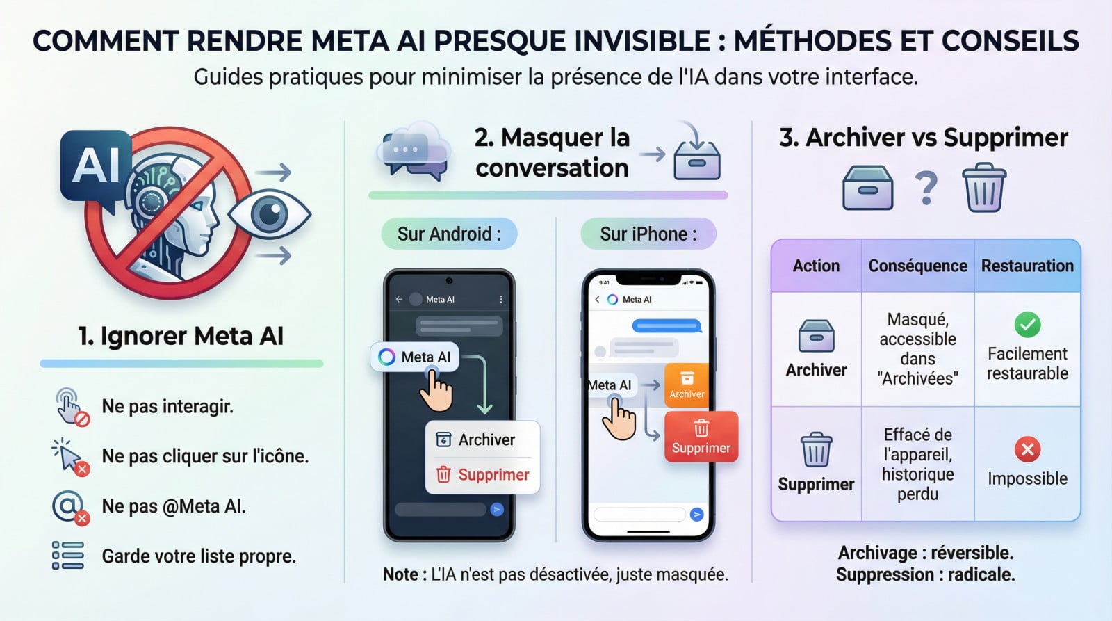 Interface WhatsApp montrant les options pour masquer ou supprimer la conversation Meta AI