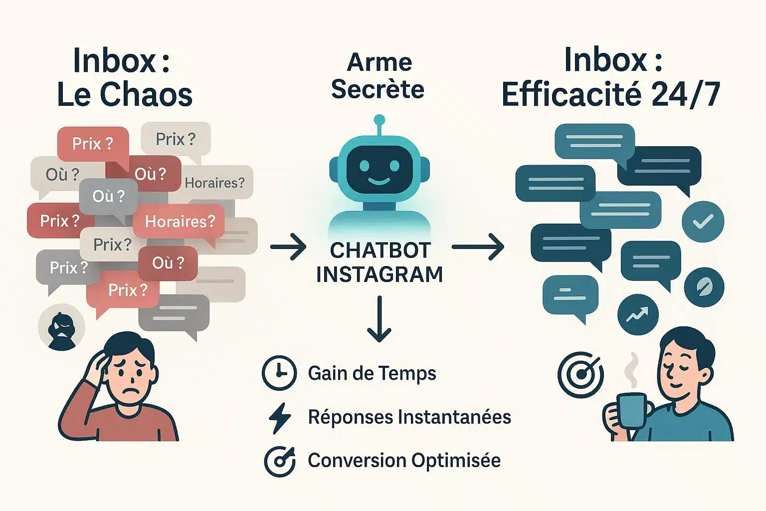Illustration d'une boîte de réception Instagram submergée de messages, transformée en interface organisée grâce à un chatbot
