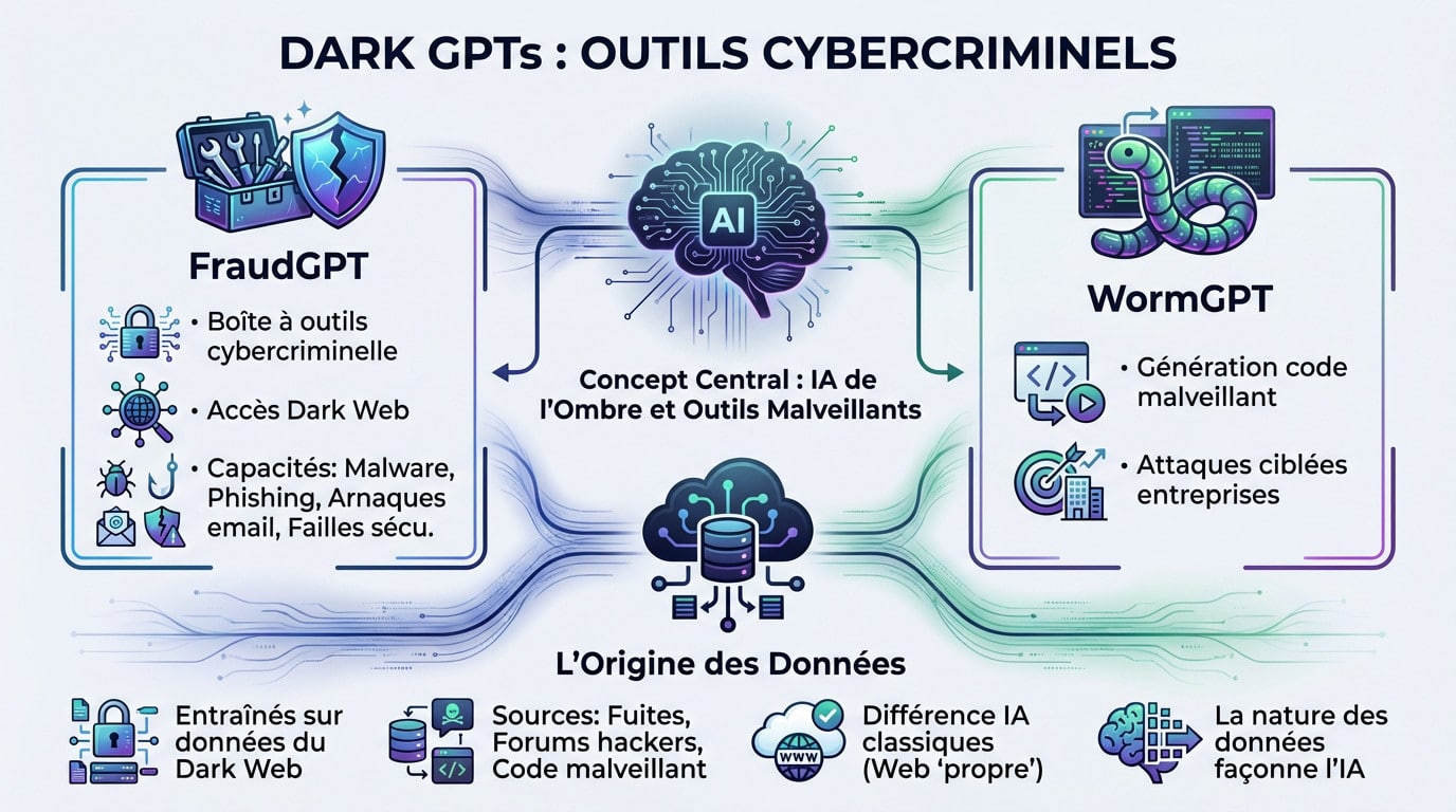 Graphic representation of a Dark GPT analyzing malicious data from the dark web