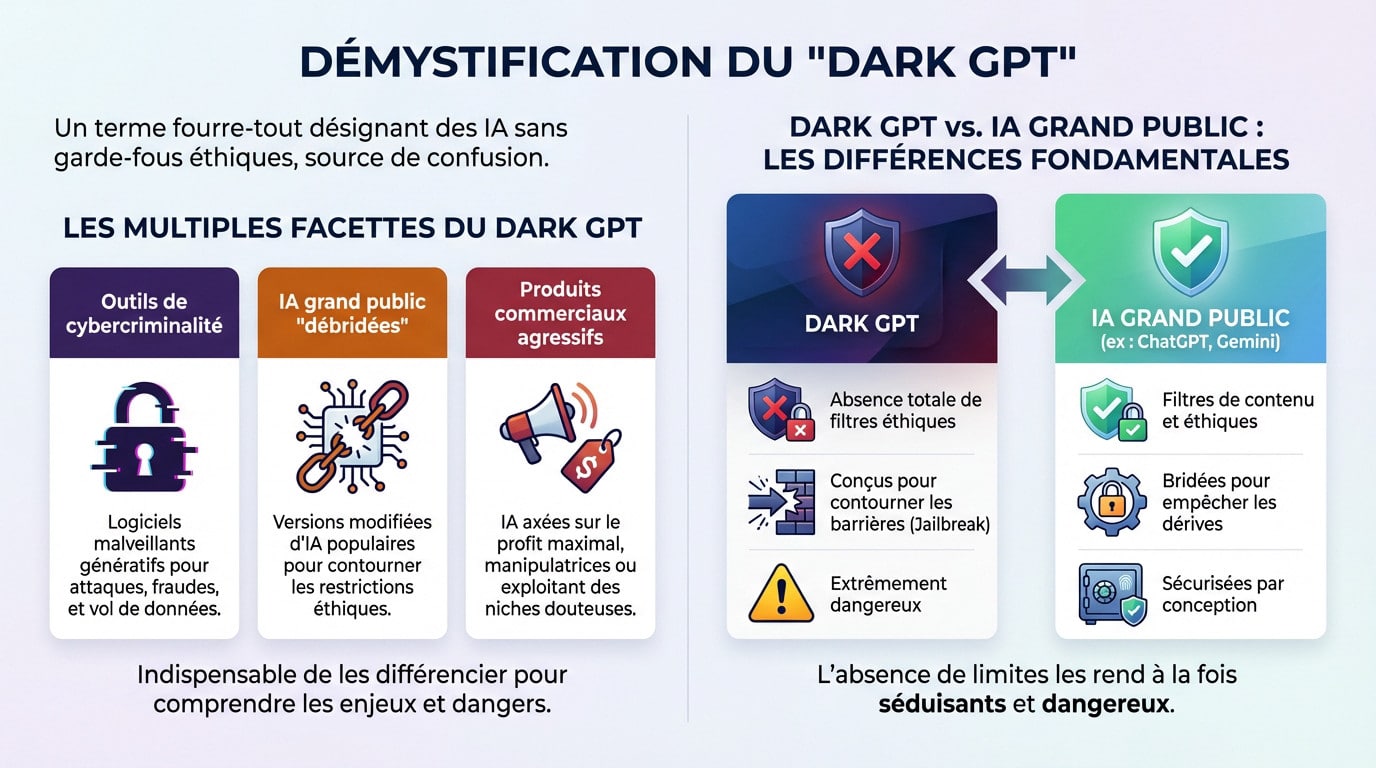 Diagram explaining the difference between ethical AI and Dark GPT without safeguards