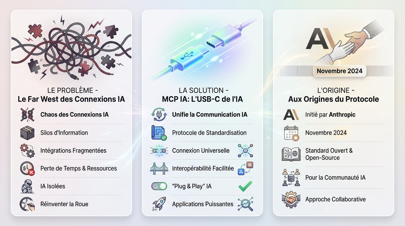 Diagram showing the IA MCP as a universal USB-C port solving IA connection chaos