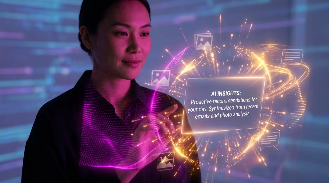 A generic figure views a sophisticated, glowing holographic display, presenting 'AI INSIGHTS' from emails and photos in magenta and amber.