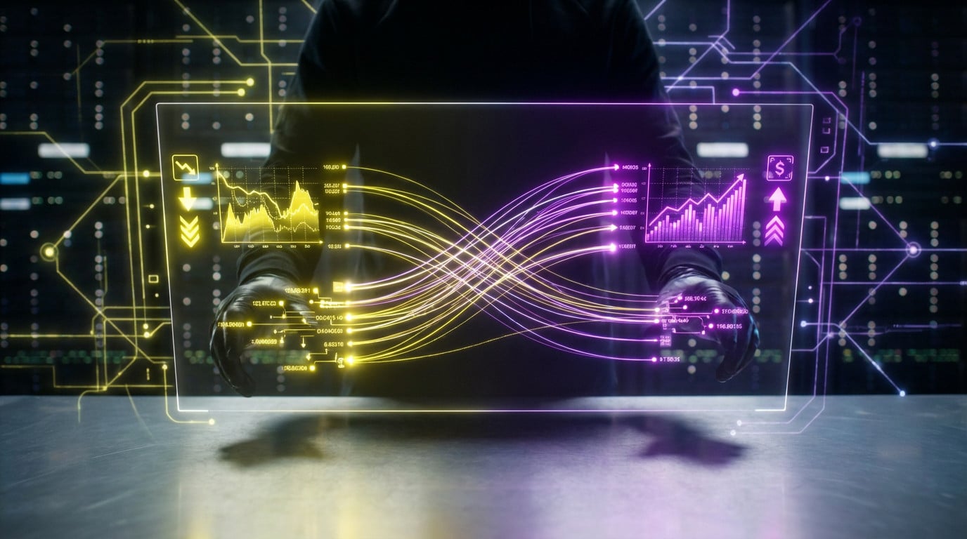 Anonymous hands interact with a glowing holographic interface displaying AI arbitrage. Yellow highlights 'buy low,' purple 'sell high,' connected by data streams.
