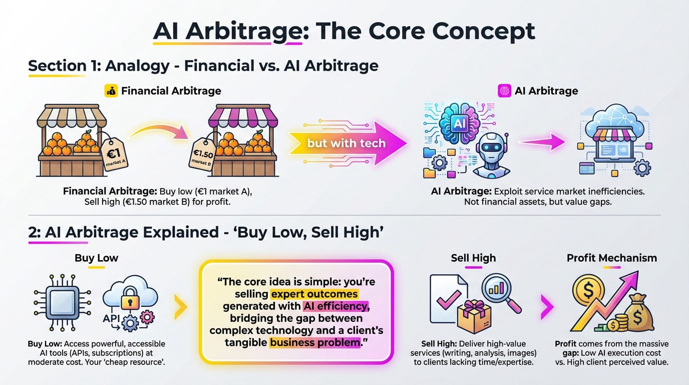 Visual representation of AI arbitrage showing the gap between low-cost AI tools and high-value business outputs