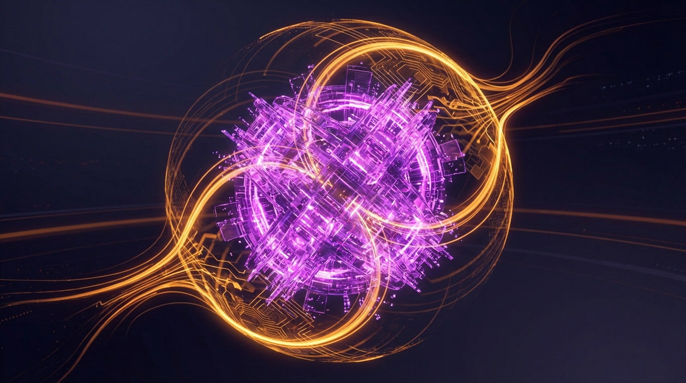 Un brillante e intrincado núcleo de IA púrpura envuelto por flujos de energía digital naranja dorado sobre un oscuro fondo futurista.