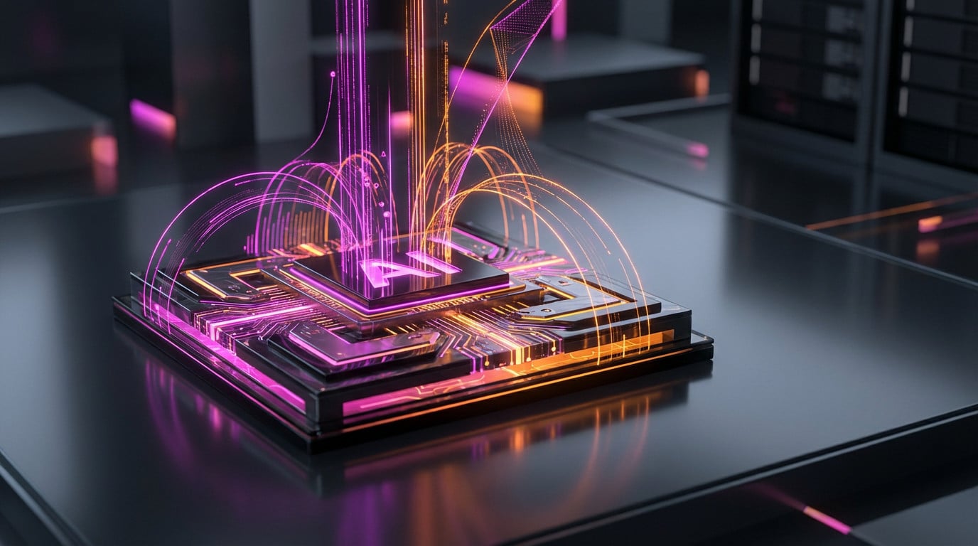 Photorealistic AI chip glowing magenta and orange, with intricate circuitry and rising data streams on a reflective dark surface, blurred tech background.