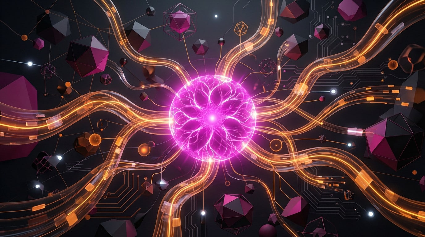 Abstract AI platform: luminous magenta core, amber data streams, geometric shapes on dark background. Photorealistic, conceptual.