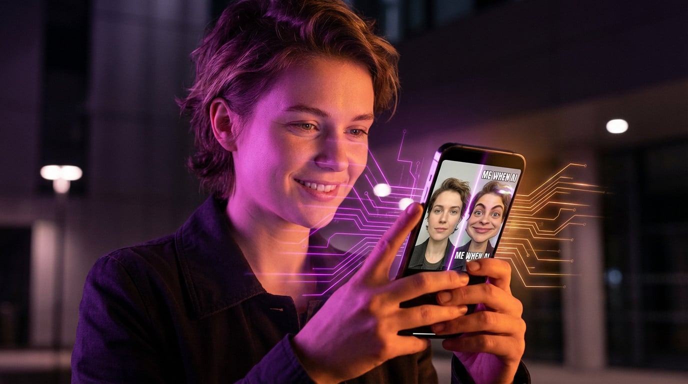 A smiling young person views their selfie transformed into an AI meme on a phone, surrounded by glowing magenta and amber digital lines.