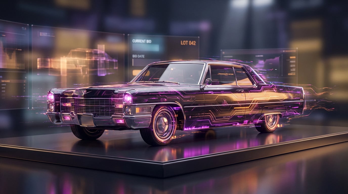 Photorealistic image of a classic black Cadillac enhanced with glowing magenta and orange circuit patterns, displayed in a futuristic digital auction setting with holographic screens.