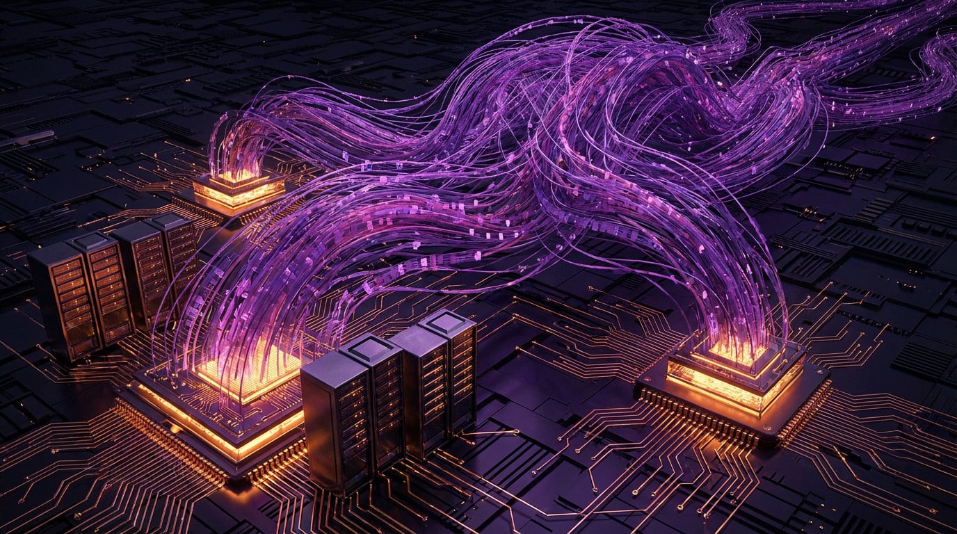Vibrant orange hardware components power intricate, glowing purple neural network streams in a dark, futuristic digital landscape.