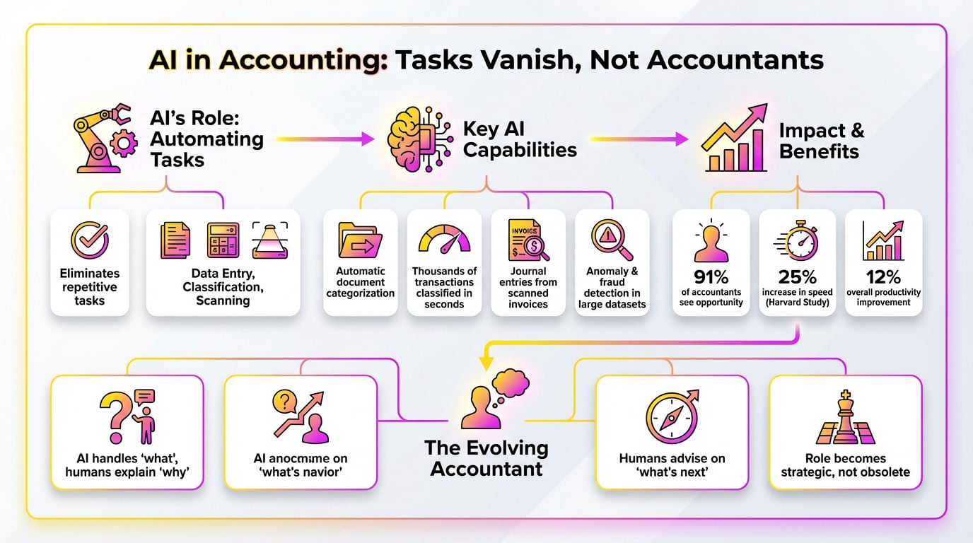 A visual representation of AI automating repetitive accounting tasks while the accountant focuses on strategy