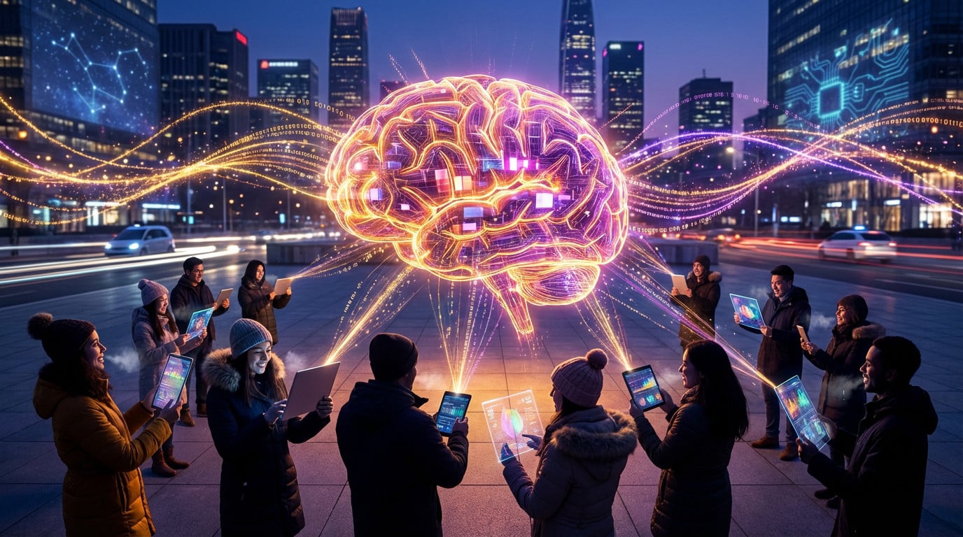 Un cerveau d'IA abstrait et lumineux émet des flux de données orange et violets vers les personnes utilisant des appareils numériques dans une ville dynamique et futuriste.
