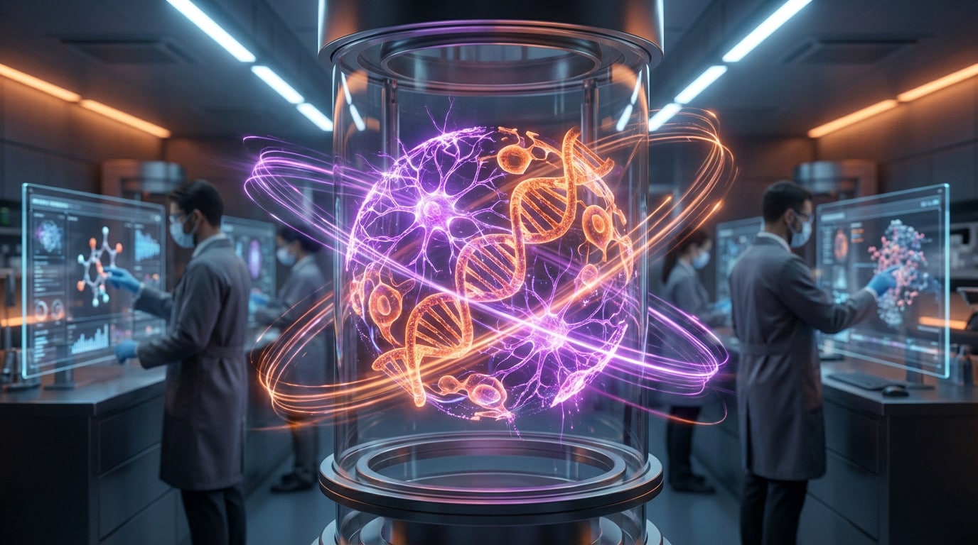 Futuristic lab with glowing purple AI neural networks and orange DNA in a cylinder, flanked by scientists using holographic displays.