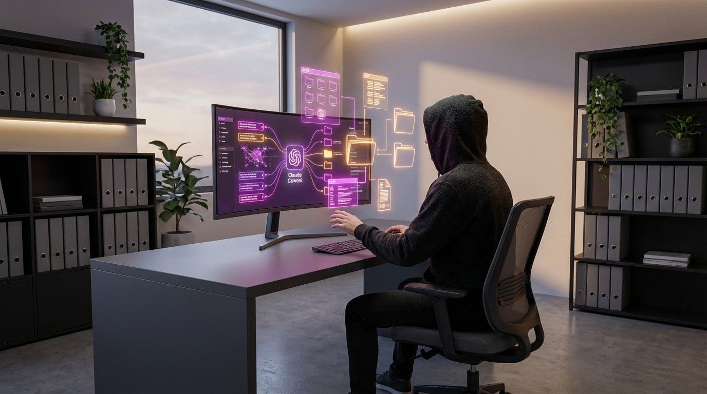 Person in hoodie uses computer with "Claude Cowork" AI, displaying glowing purple/orange holographic data for file organization in a modern office.