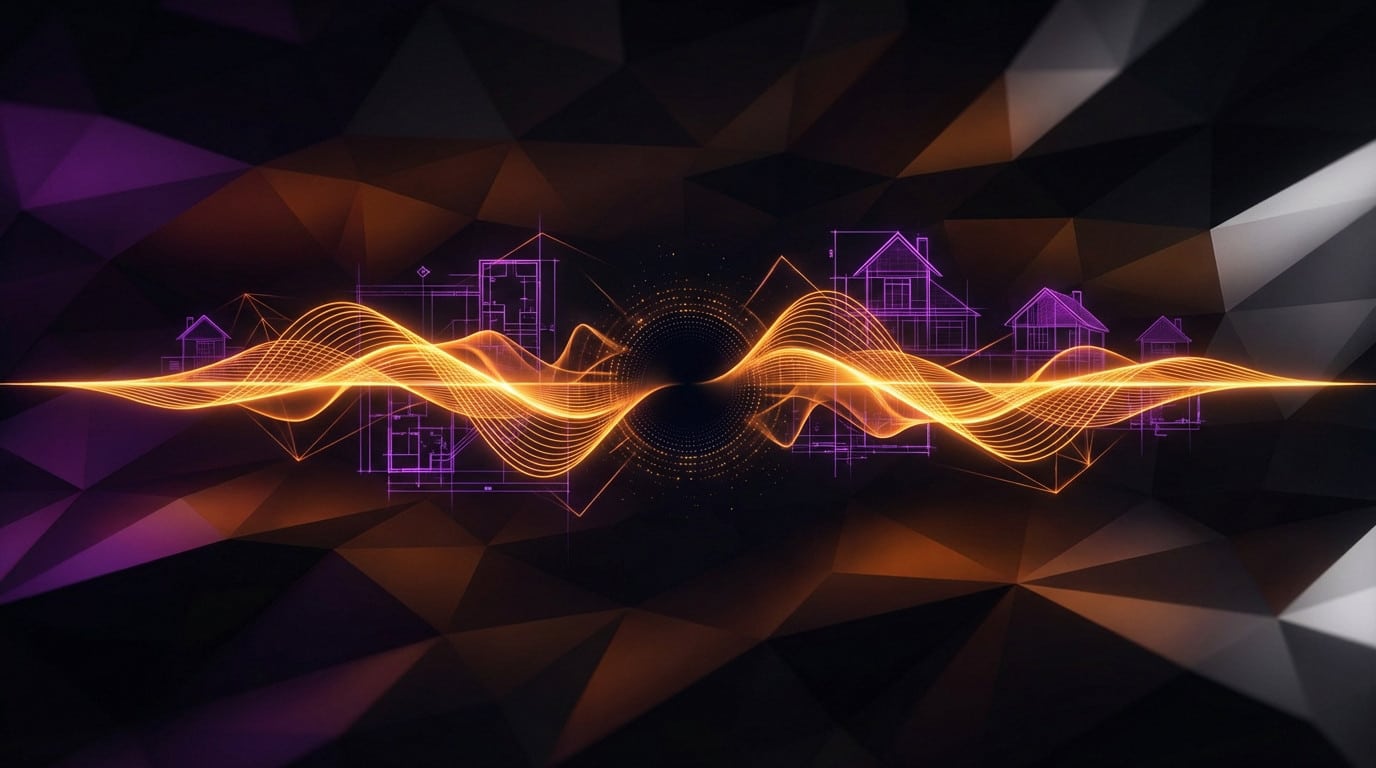 Abstract glowing orange sound waves intertwined with purple architectural outlines of houses on a dark geometric background, symbolizing AI voice and housing.