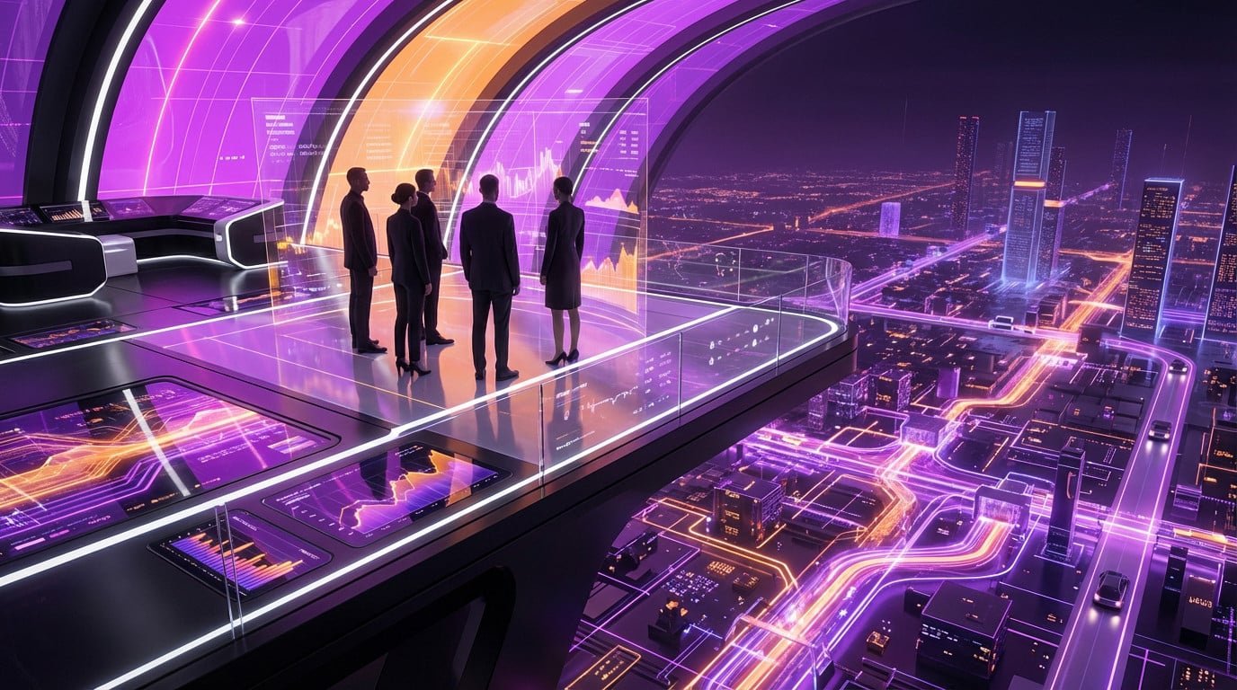 Cinq personnages en costume sur une plateforme surélevée futuriste surplombent une ville numérique violette et orange vibrante, symbolisant la richesse et l'inégalité de l'IA.