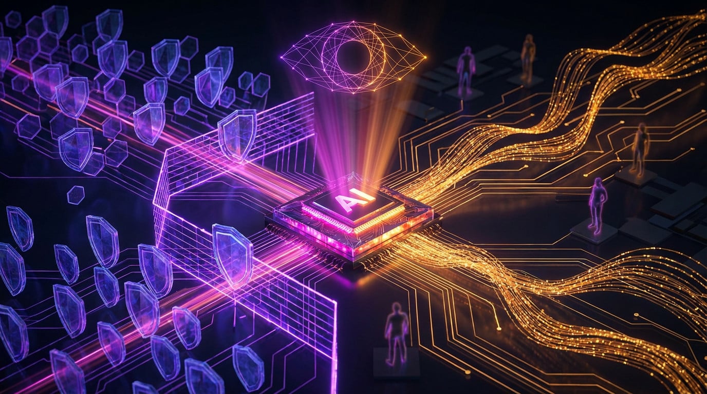 AI microchip at center, flanked by purple data shields (control) and orange data streams (freedom), with an AI eye above and human observers.