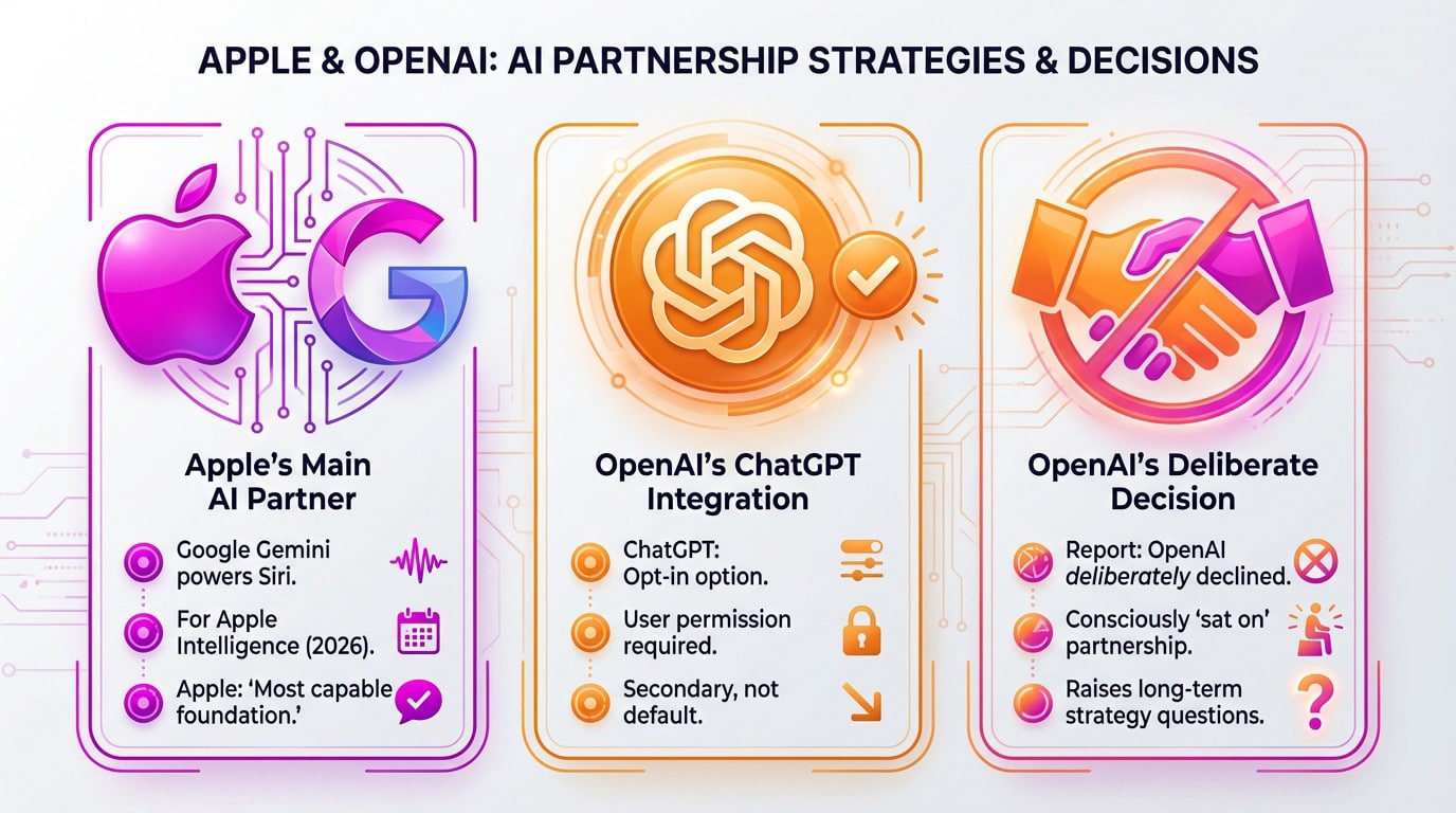 Ilustración de la divergencia estratégica entre Apple, Google y OpenAI con respecto a la integración de Siri