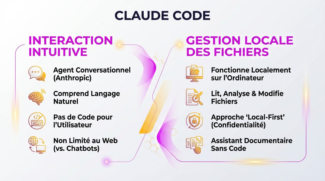 Interface de Claude Code montrant une interaction intuitive sans code et une gestion locale des fichiers