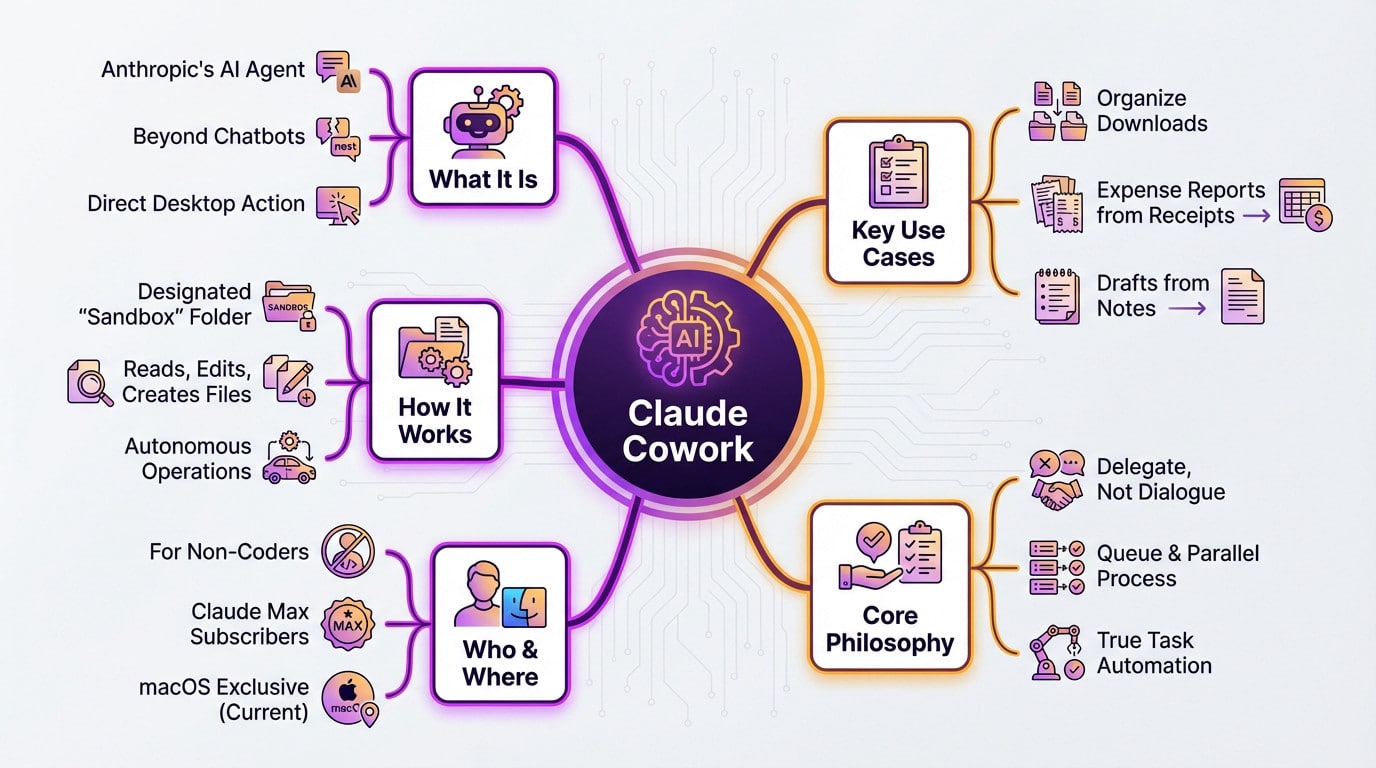 Claude Cowork interface showing the AI agent managing local files and tasks autonomously