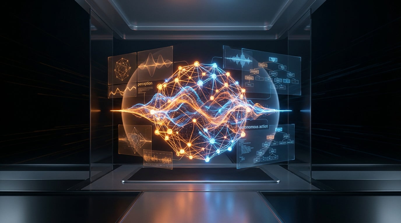 A glowing AI network of nodes and data streams in orange and purple, with holographic displays for perception and autonomous action, set in a dark, futuristic environment.