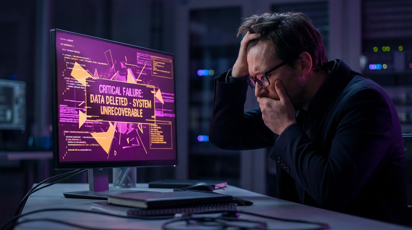 A scientist in glasses, head in hands, stares in horror at a monitor displaying a "CRITICAL FAILURE: DATA DELETED" message.