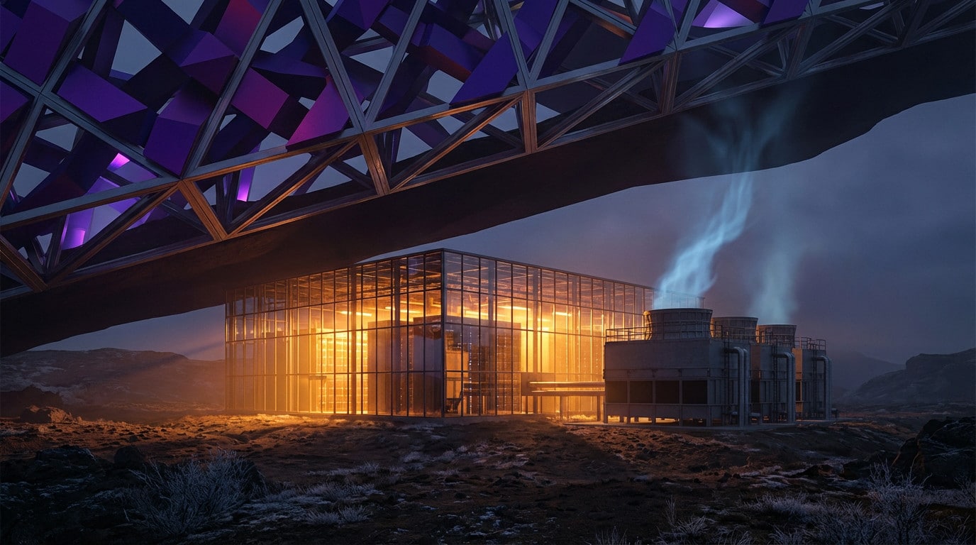 Dramatic image: amber data center, vapor-emitting generators, and a purple geometric structure symbolizing regulation.