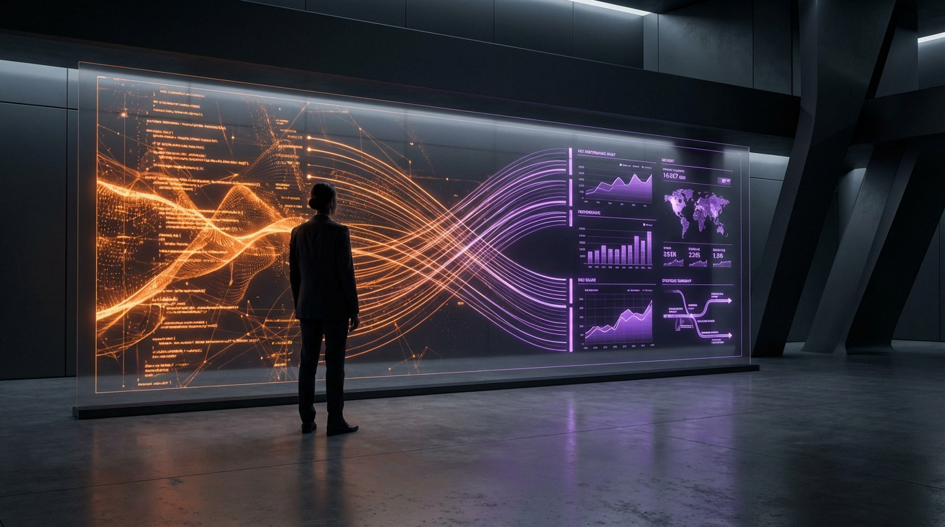 Figure in dark suit observes a holographic display. Chaotic orange data on left transforms into structured purple insights on right in a sleek dark room.