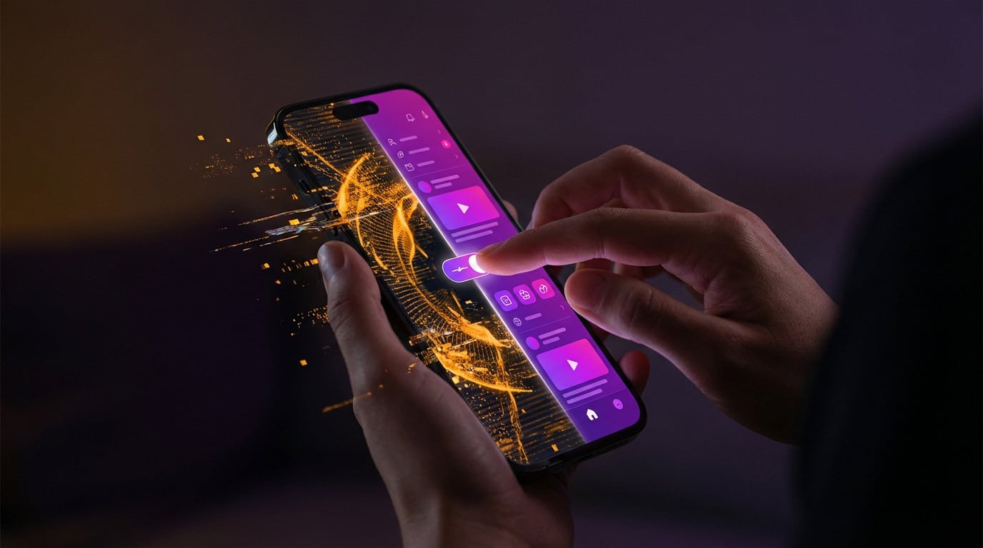 Las manos filtran los datos digitales naranjas caóticos en contenido púrpura organizado en la pantalla de un teléfono inteligente, activando un control central.