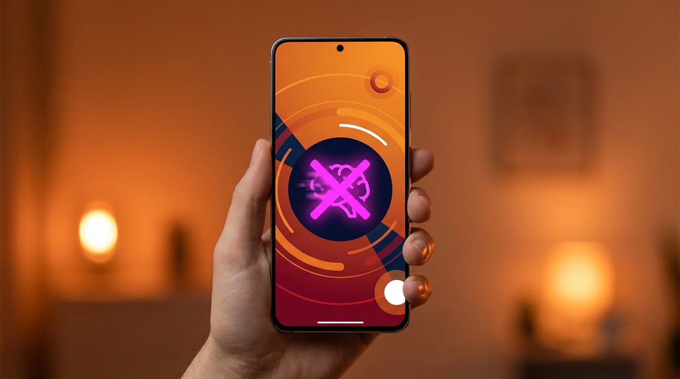Hand holding a modern smartphone. Screen displays a vivid magenta 'disable AI' icon on an abstract orange UI, with soft bicolor lighting.