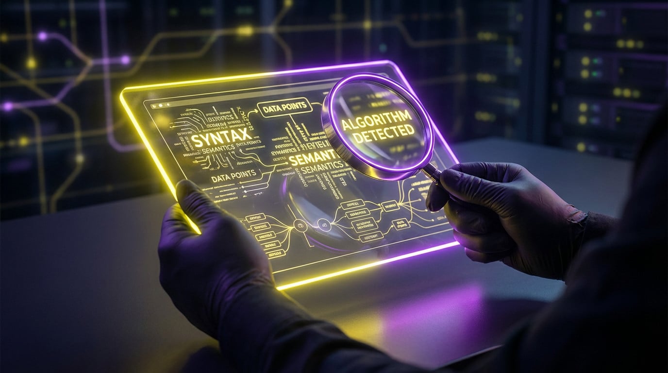 Hands in black gloves analyze glowing yellow data on a transparent tablet with a purple-rimmed magnifying glass highlighting 'ALGORITHM DETECTED' in a futuristic setting.
