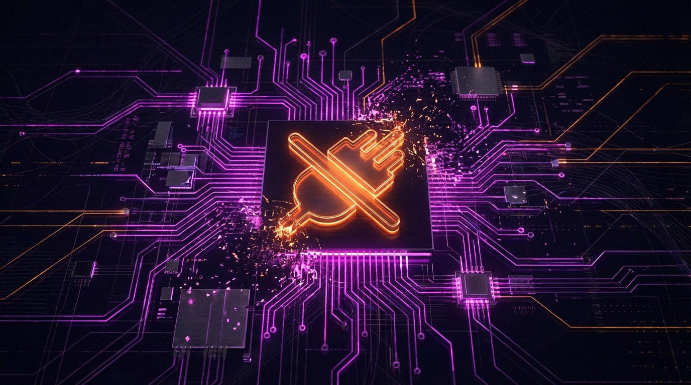 A glowing orange 'disconnect' icon at the center of a complex purple circuit board, with sparks indicating AI system deactivation.