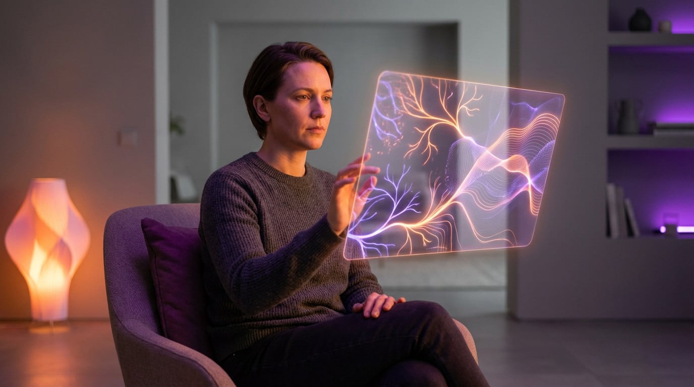 A person in a modern home interacts with a floating, glowing digital interface displaying abstract purple and orange patterns.