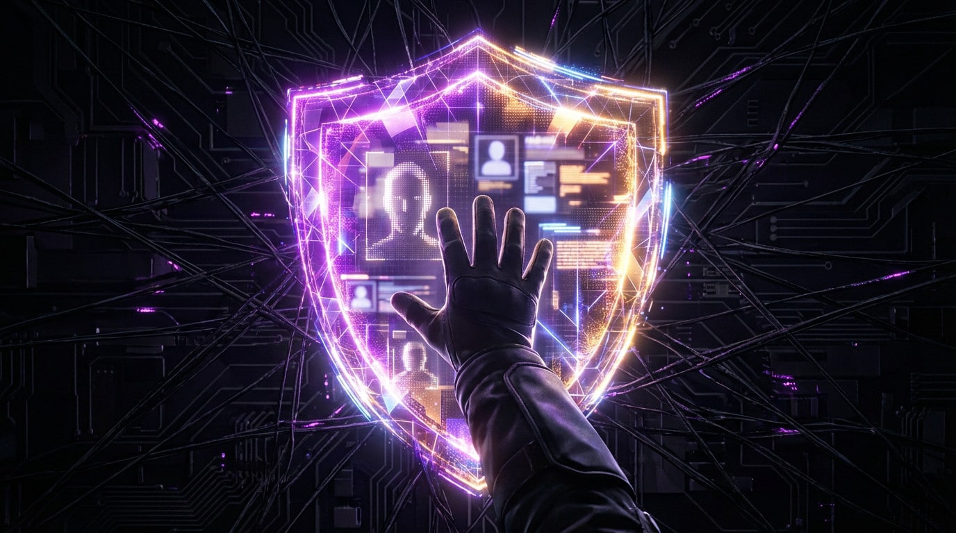 A hand in a protective gesture touches a glowing, bicolor digital shield filled with abstract personal data, against a dark, encroaching digital background.