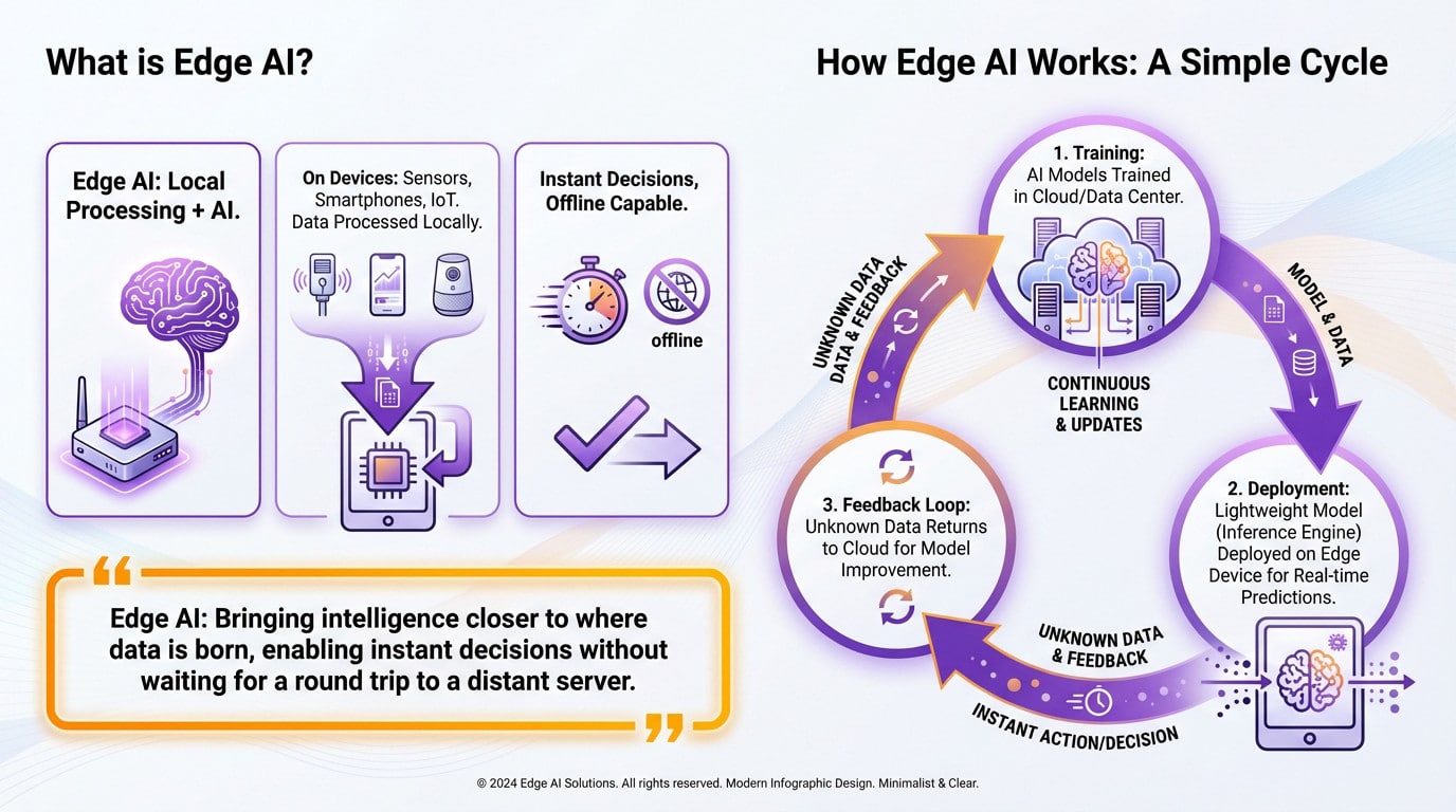 Illustration montrant le concept de l'IA en périphérie traitant les données localement sur les appareils