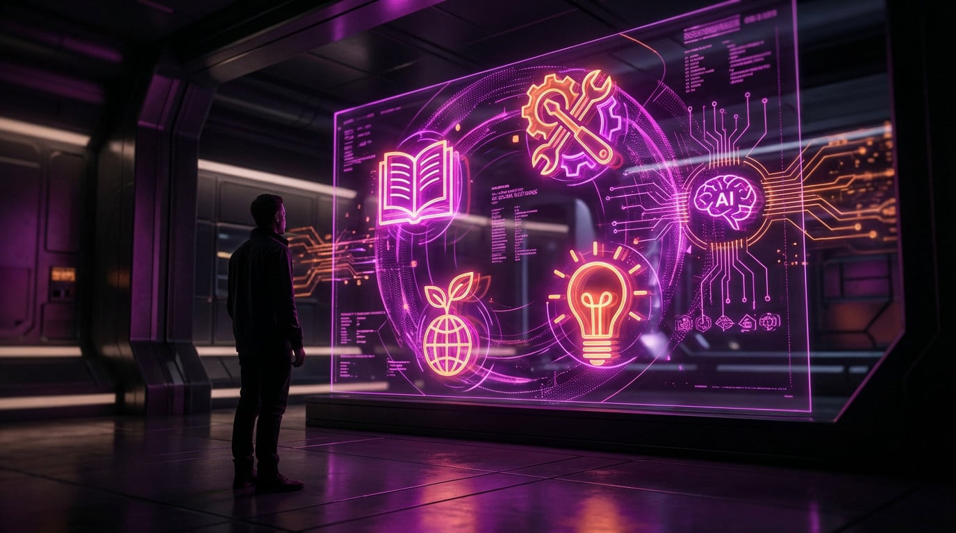 Anonymous figure in a dark futuristic room captivated by a large, glowing purple and orange holographic display of 'starter pack' icons.