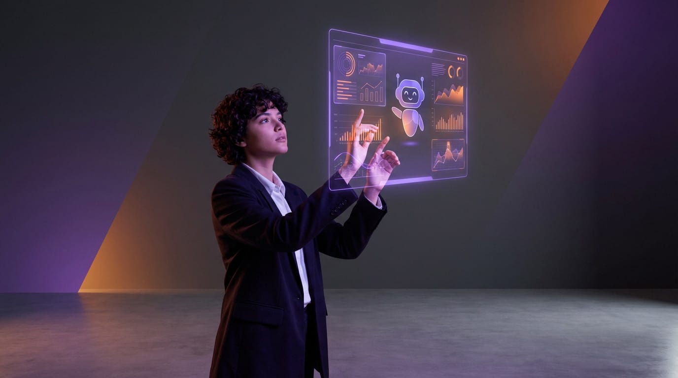 Young graduate interacts with futuristic holographic AI interface displaying data visuals, glowing purple and orange in a minimalist workspace.