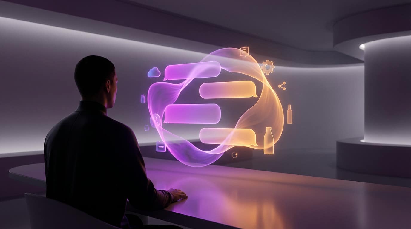 Person viewing a glowing purple and orange holographic AI chat display with abstract bubbles in a futuristic, minimalist room.