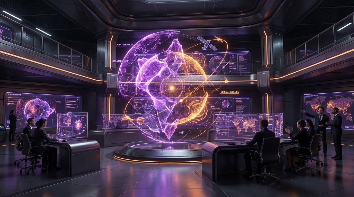 A futuristic command center with a large glowing purple and orange holographic AI data visualization at its center, surrounded by digital displays and professionals.