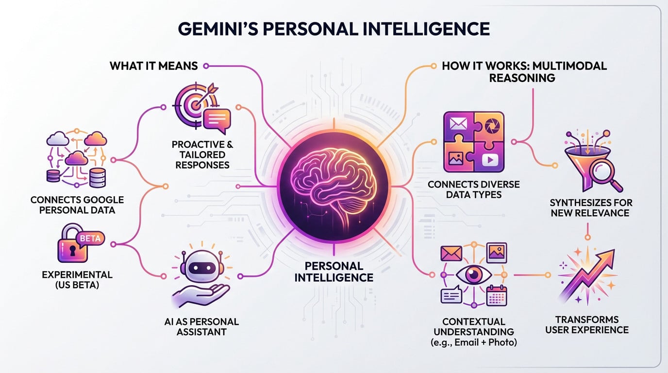 Infographic illustrating Gemini's Personal Intelligence connecting Gmail and Photos data