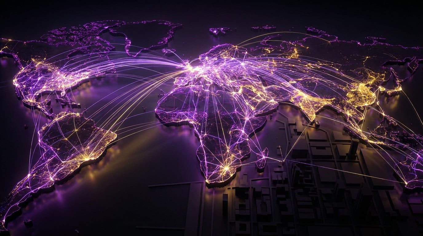 A dark, stylized global map overlaid with a vibrant, glowing digital network of purple and gold data streams, depicting global interconnectedness.