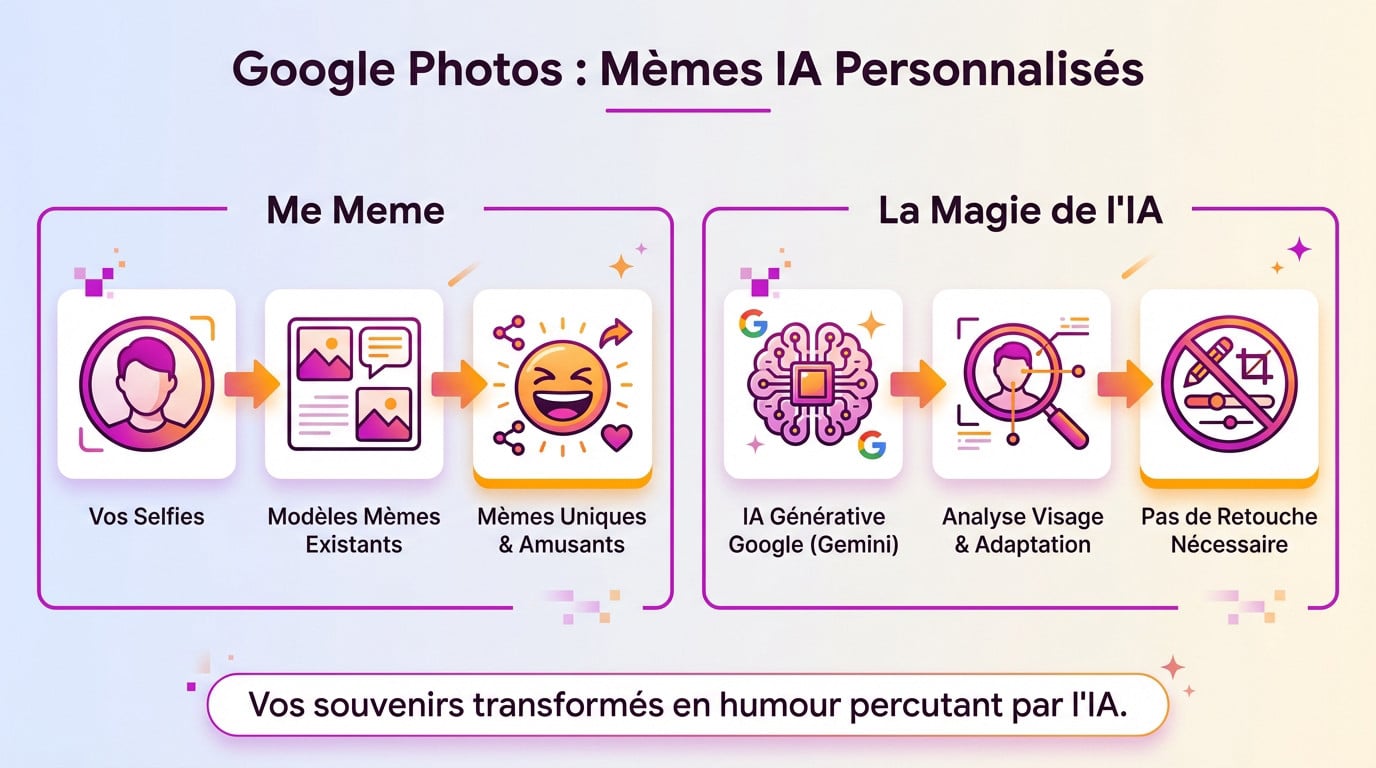 Interface de Google Photos montrant la fonctionnalité Me Meme pour créer des mèmes avec l'IA