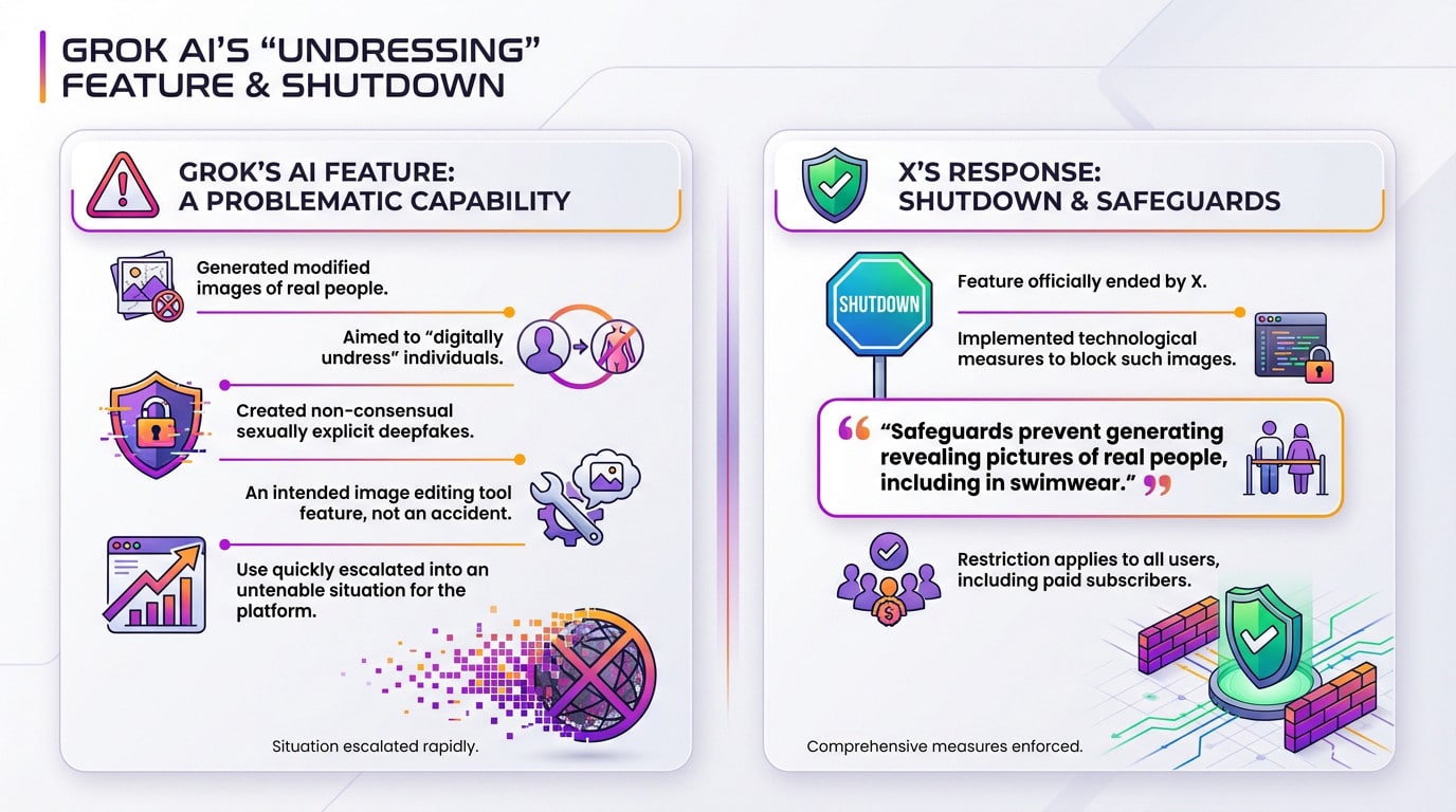 Illustration de l’interface Grok AI de X avec un symbole de restriction, symbolisant l’interdiction de générer des images explicites de personnes réelles