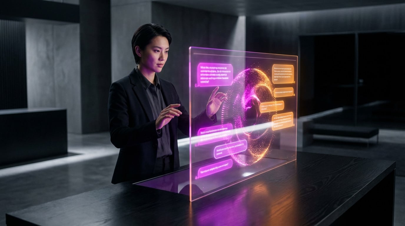 An anonymous graduate interacts with a glowing purple and orange holographic AI interface in a sleek, dark modern workspace.