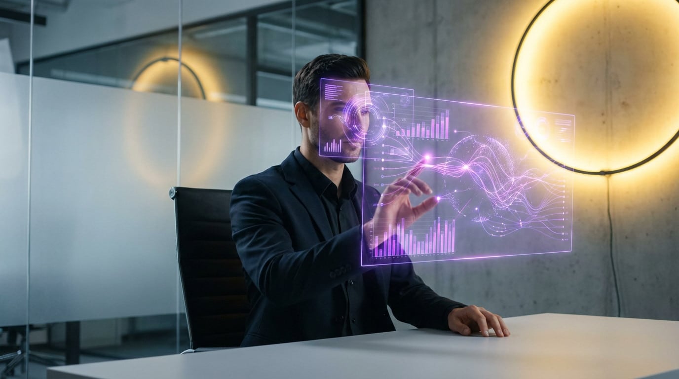 A professional interacts with a glowing purple holographic display of financial data in a modern office, illuminated by a warm yellow light.