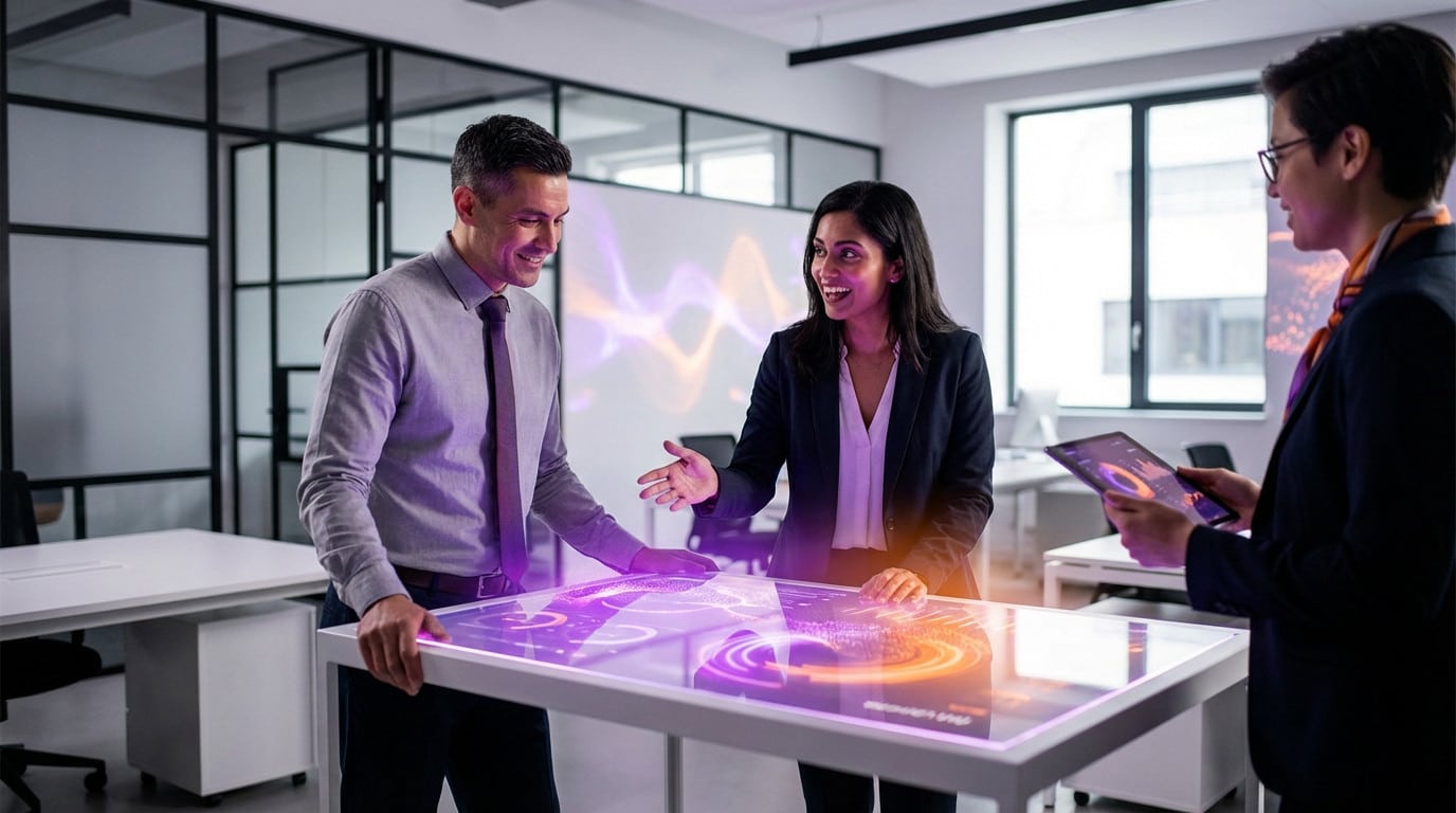 Diverse team collaborates with vibrant purple/orange AI interface and tablet in a modern office, showcasing human augmentation.