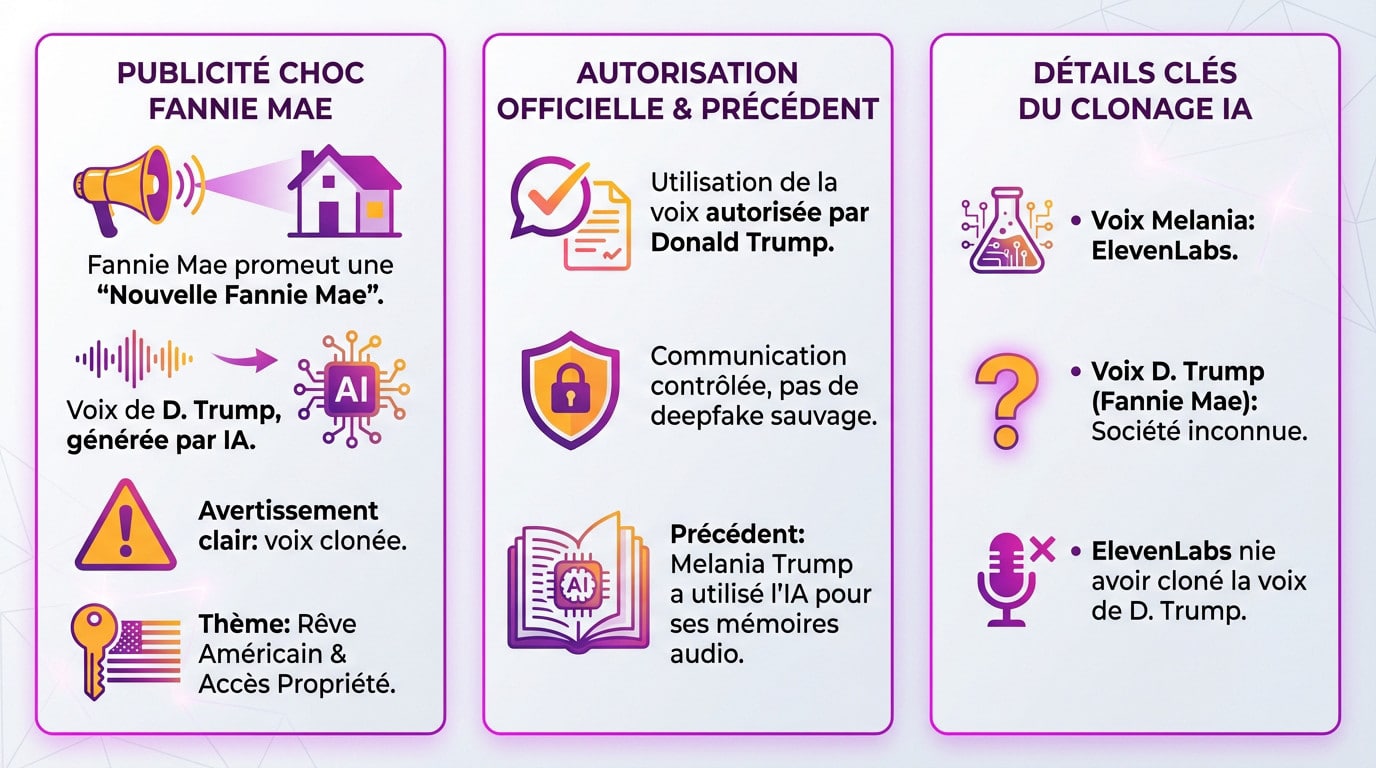 Infographie illustrant la publicité Fannie Mae utilisant la voix IA de Donald Trump