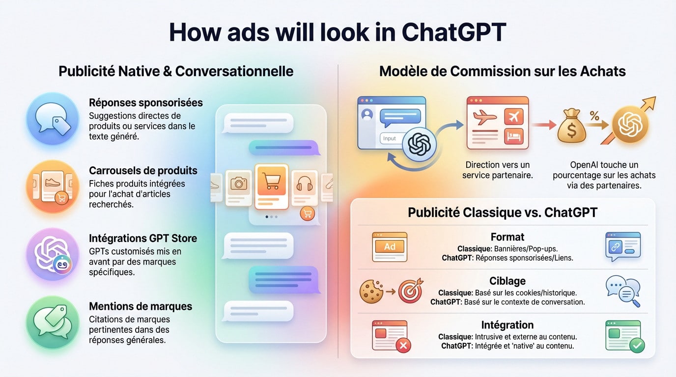 Illustration des publicités natives et du modèle de commission dans l'interface de ChatGPT