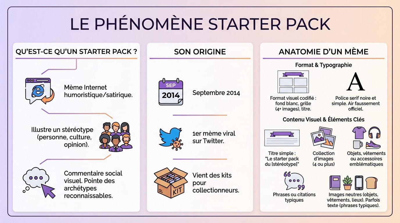 Illustration d'un mème starter pack montrant divers objets stéréotypés sur fond blanc